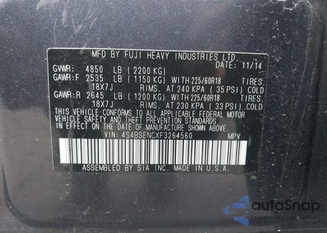 2015 Subaru Outback 3.6R Limited from USA, damaged, VIN 4S4BSENCXF3264560